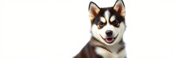 Happy puppy posing with a playful expression against a white background in a bright setting photo