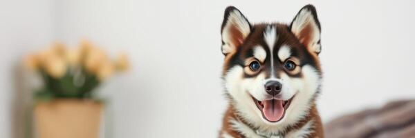 Happy dog sitting indoors with a cheerful expression in a cozy setting with plants photo