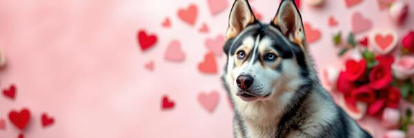 Beautiful husky with heart decorations in a festive setting for celebration of love and affection photo