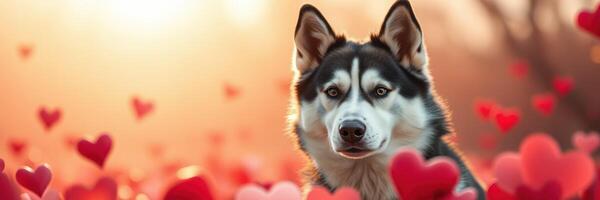Husky dog surrounded by red heart decorations in a romantic sunset setting photo