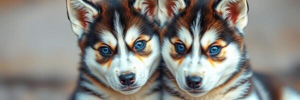 Two playful husky puppies sitting close together showcasing their beautiful blue eyes and striking fur patterns in bright lighting photo
