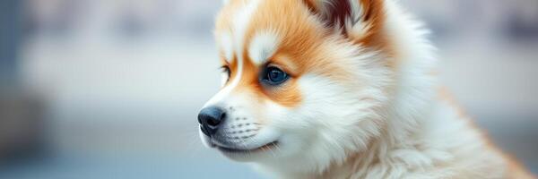 Cute corgi puppy with fluffy fur enjoying a sunny day at the park photo