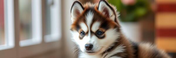 Cute fluffy puppy relaxing by the window during a sunny afternoon at home photo