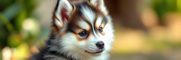 Cute fluffy puppy enjoys a sunny day in the garden surrounded by greenery and colorful flowers photo