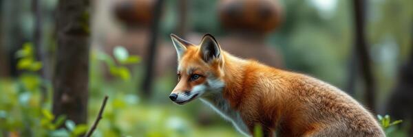 Wild fox exploring a lush forest in the early morning light photo