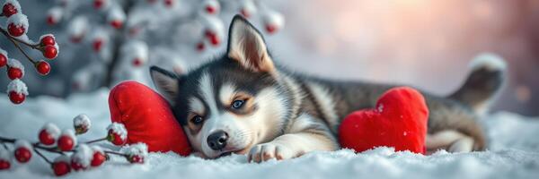Siberian husky puppy resting on snowy ground with red hearts nearby during winter afternoon photo