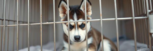 Puppy in a cage looking curiously at the camera in an animal shelter setting photo