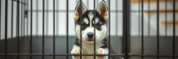 Husky puppy in a cage looking curiously at its surroundings in a cozy indoor space photo