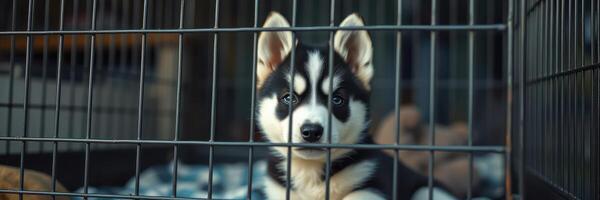 Cute husky puppy looks through the metal bars of a cage in a shelter, showcasing its playful personality and bright eyes photo