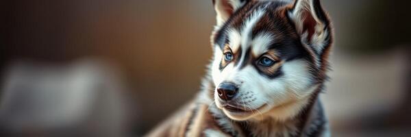 Siberian husky puppy sits outdoors with a curious expression during golden hour light photo