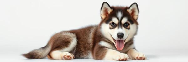 Happy malamute puppy laying down with playful expression in a bright indoor space during daytime photo