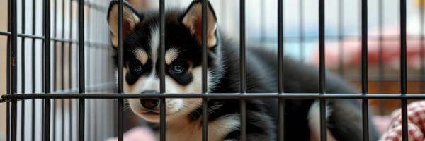 Husky puppy resting in a cage looking through the bars in a cozy indoor space photo