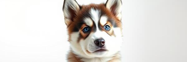 Beautiful husky puppy with blue eyes posing against a plain white background in a calm and serene manner photo