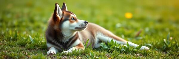 Cute husky puppy resting on green grass in a sunny park during the afternoon photo