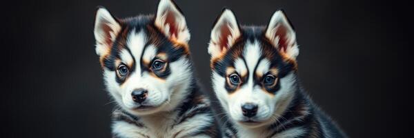 Huskies sit together in a dark setting, showcasing their stunning fur and playful expressions photo