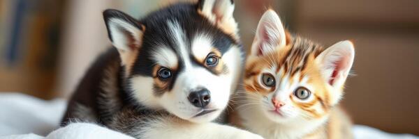 Playful puppy and curious kitten snuggling together on soft blanket indoors photo
