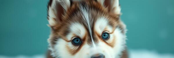 Cute husky puppy with striking blue eyes relaxing on snow in an outdoor setting during winter photo