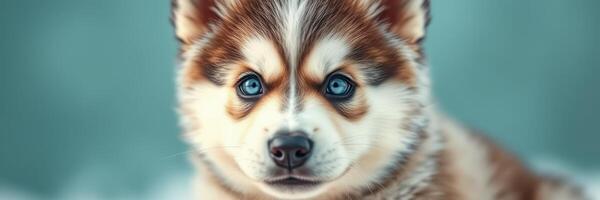 Cute husky puppy with striking blue eyes poses for a close-up in a snowy outdoor setting during winter mornings photo