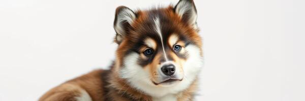 Cute fluffy dog with striking features poses on a light background showcasing its expressive eyes and friendly demeanor photo