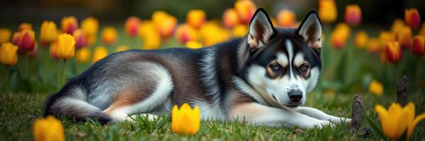 Dog resting among vibrant tulips in a garden during springtime photo