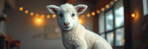 Cute fluffy lamb sitting indoors with warm lights creating a cozy atmosphere photo