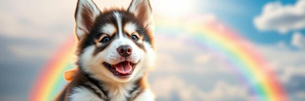 Cute puppy with vibrant coat enjoys a sunny day under a rainbow in a serene outdoor setting photo