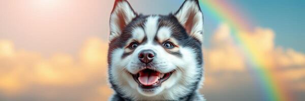 Happy husky puppy enjoying a vibrant rainbow backdrop in a serene outdoor setting during golden hour photo