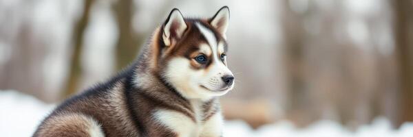 Young husky puppy sitting in the snowy woods during winter, gazing curiously at its surroundings photo