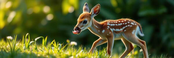 Fawn exploring grassy meadow during early morning light in a serene forest environment photo