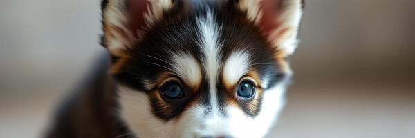 A corgi puppy with fluffy fur and bright eyes explores its indoor environment photo