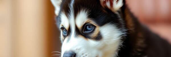 Husky puppy with striking blue eyes enjoying a playful moment indoors photo