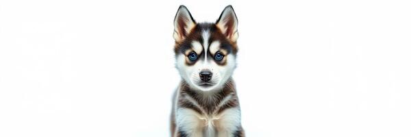 Cute young husky puppy looking directly at the camera with bright blue eyes and fluffy fur in a plain background photo