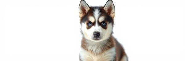 Beautiful husky puppy with striking blue eyes looking directly at the viewer, showcasing its playful spirit and unique coat pattern photo