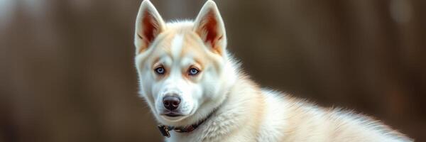 Beautiful husky with striking blue eyes resting outdoors in a serene environment during the late afternoon photo