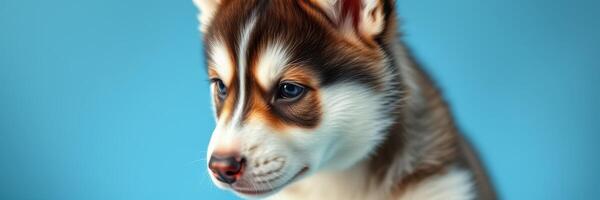 Cute husky puppy with multicolored fur poses against a bright blue background in a studio setting photo