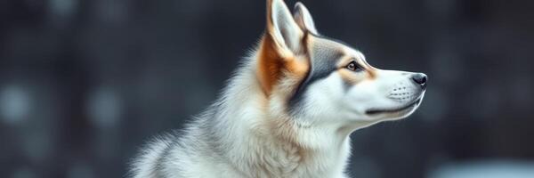 Profile view of a wolf-like dog standing alert in a garden during daytime photo