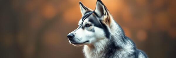 Majestic husky enjoys the golden glow of sunset in a serene outdoor setting photo