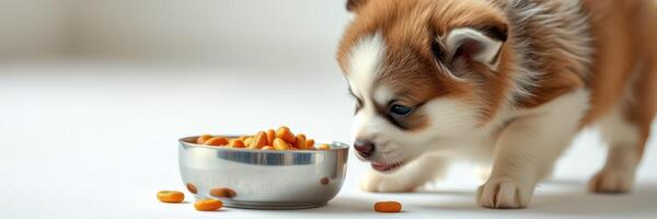 Cute puppy enjoys a meal from a silver bowl on a white surface during a sunny afternoon at home photo