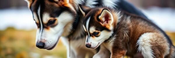 Two adorable huskies play together in a snowy field during early spring sunshine while enjoying their time outdoors photo