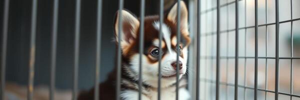 Cute puppy peeking through the bars of a kennel in an animal shelter on a sunny afternoon photo