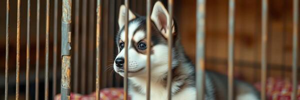 Siberian husky puppy peeks through the bars of a cage in an animal shelter during daytime photo