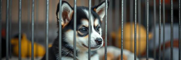 Cute puppy gazes through bars in a cozy shelter setting during the afternoon photo