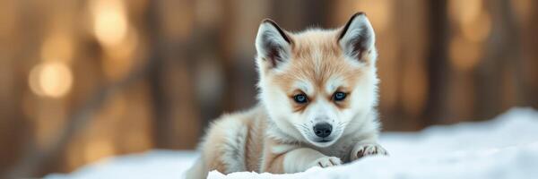 Fox pup resting on snowy ground surrounded by trees during winter light photo