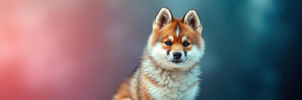 Cute orange and white puppy sits in front of a colorful blurred background during a sunny afternoon photo