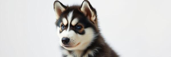Playful husky puppy with striking markings sitting against a plain background, showcasing its adorable features photo