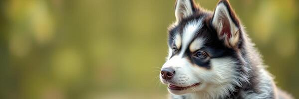 Fluffy husky puppy gazes into the distance in a natural outdoor setting during golden hour photo