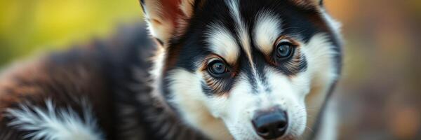 Beautiful husky puppy exploring the outdoors during autumn in a serene environment with colorful foliage photo