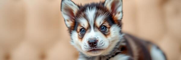 Adorable puppy with striking fur pattern enjoying a playful moment indoors at home photo