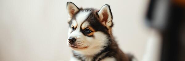 Cute alaskan husky puppy sitting with curious expression in a cozy indoor setting during daylight hours photo