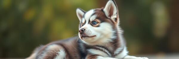 Siberian husky pup resting outdoors in a lush green environment on a sunny day photo